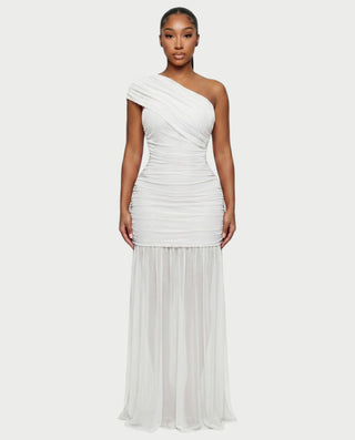VAREN One-Shoulder Ruched Mesh Maxi Dress