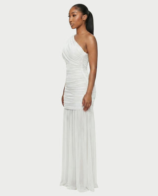 VAREN One-Shoulder Ruched Mesh Maxi Dress
