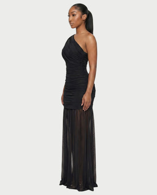 VAREN One-Shoulder Ruched Mesh Maxi Dress