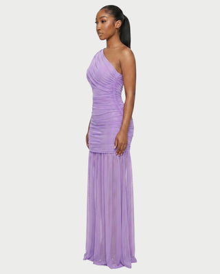 VAREN One-Shoulder Ruched Mesh Maxi Dress