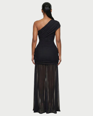 VAREN One-Shoulder Ruched Mesh Maxi Dress