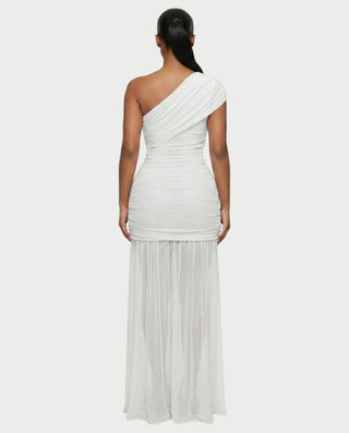 VAREN One-Shoulder Ruched Mesh Maxi Dress