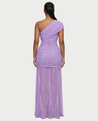 VAREN One-Shoulder Ruched Mesh Maxi Dress