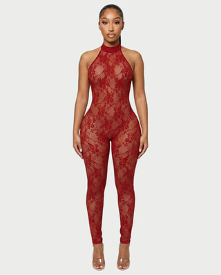 QIRELLA Sheer Lace Backless Bodycon Jumpsuit
