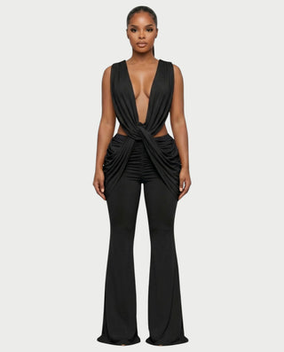 DERYN Plunge Twist Front Draped Flare Jumpsuit