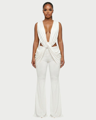 DERYN Plunge Twist Front Draped Flare Jumpsuit