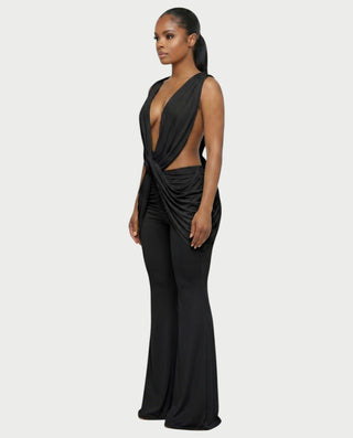 DERYN Plunge Twist Front Draped Flare Jumpsuit