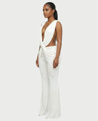 DERYN Plunge Twist Front Draped Flare Jumpsuit