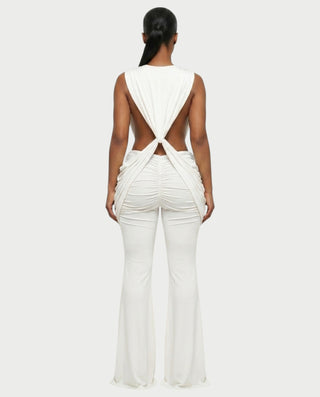 DERYN Plunge Twist Front Draped Flare Jumpsuit