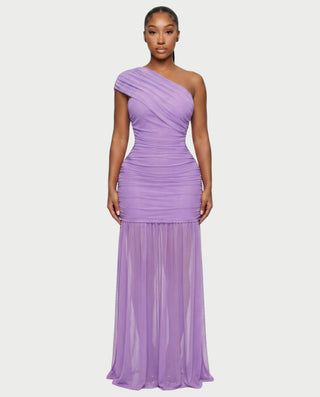 VAREN One-Shoulder Ruched Mesh Maxi Dress