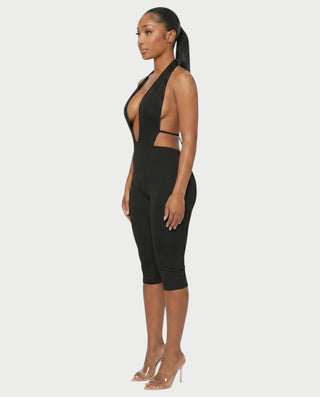 FERONA Deep V Halter Bodycon Capri Romper