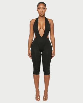FERONA Deep V Halter Bodycon Capri Romper
