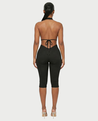 FERONA Deep V Halter Bodycon Capri Romper
