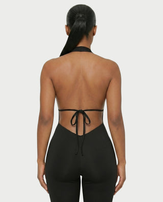 FERONA Deep V Halter Bodycon Capri Romper