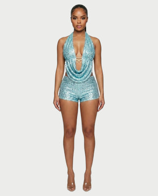 WINNA Sequin Starfish Draped Top & Shorts Set