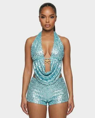 WINNA Sequin Starfish Draped Top & Shorts Set