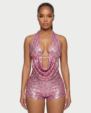 WINNA Sequin Starfish Draped Top & Shorts Set