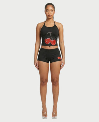 Sazha Cherry Halter Crop Top & Low-Rise Shorts Set