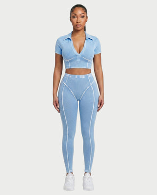 ALLIE Ribbed Zip Polo Crop Top & Legging Set