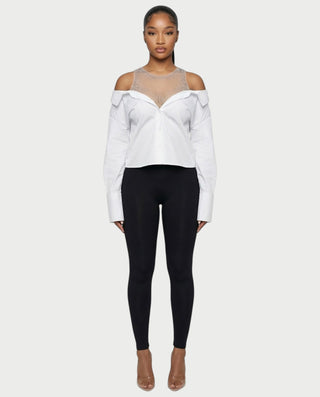 LAINE Off-Shoulder Rhinestone Shirt Top