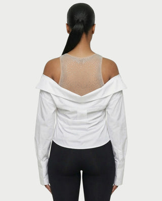 LAINE Off-Shoulder Rhinestone Shirt Top