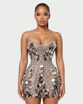 LANAYA Mesh Rhinestone Paillette Mini Dress