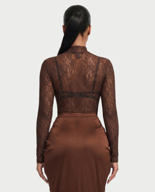 Vestido largo de encaje transparente con cuello alto SUNNA