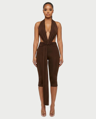 LINNA Plunging Halter Wrap Capri Romper