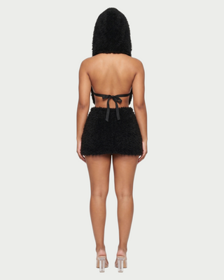 CALLIS Faux Fur Hooded Deep V Crop Top & Mini Skirt Set