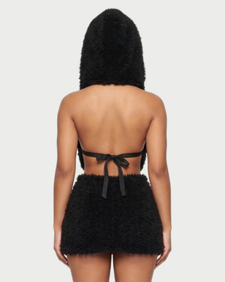 CALLIS Faux Fur Hooded Deep V Crop Top & Mini Skirt Set