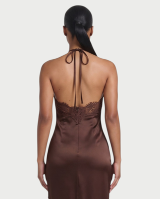 AISLEY Satin Lace Trim Halter Maxi Dress
