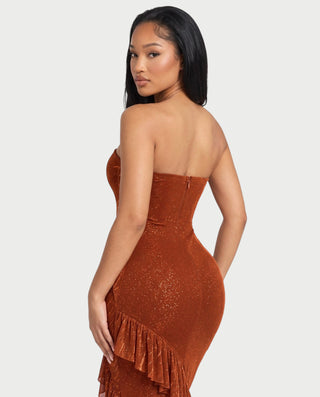 WILLIA Strapless Rhinestone Ruffle Hem Bodycon Maxi Dress