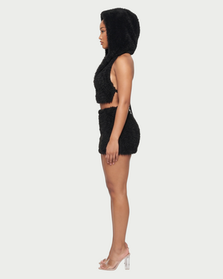 CALLIS Faux Fur Hooded Deep V Crop Top & Mini Skirt Set