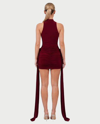 SALMA Mock Neck Draped Side-Tie Bodycon Mini Dress