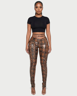 ZELDA Snake Print Lace-Up Cutout Pants