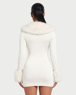 NANIA Faux Fur Trim Long Sleeve Bodycon Mini Dress