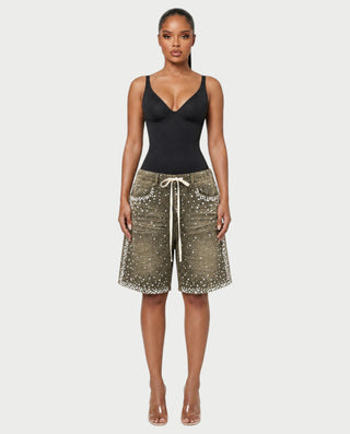 LARIMAR Rhinestone Drawstring Denim Baggy Shorts