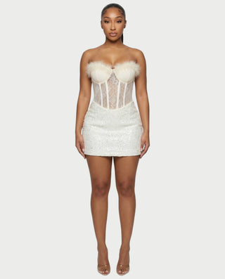 LORNA Feather-Trim Lace Corset Sequin Mini Dress