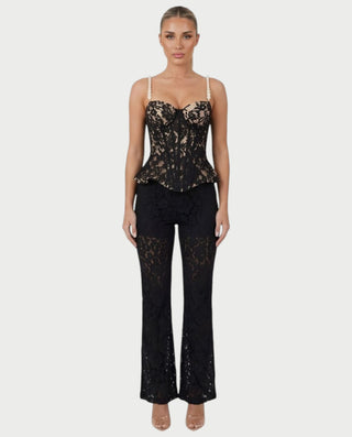 MABELA Sheer Lace Corset Peplum Top & Flared Pants Set