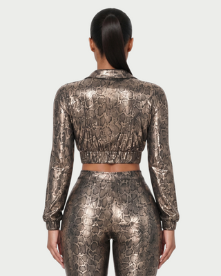 LYRAN Snakeskin Print Cropped Zip-Up Jacket & Capri Pants Set