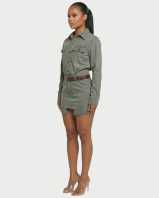 GENYA Denim Utility Pocket Button-Up Belted Mini Dress