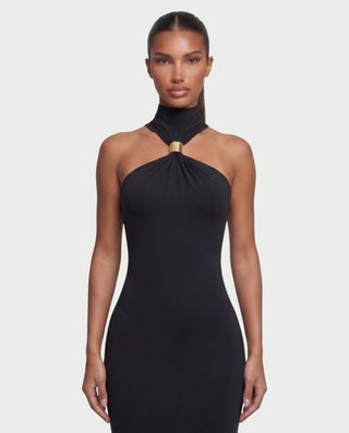 BELEN Gold Ring High Neck Maxi Dress