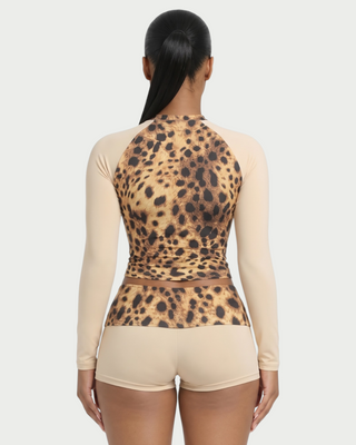 ADAIR Leopard Print Contrast Long Sleeve Top & Mini Shorts Set