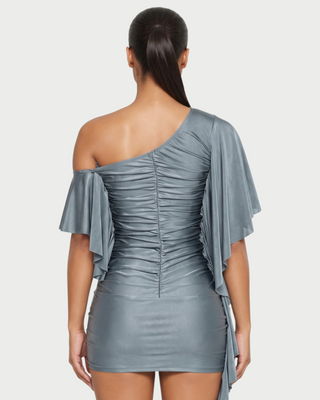FARREN One-Shoulder Draped Sleeve Ruched Mini Dress