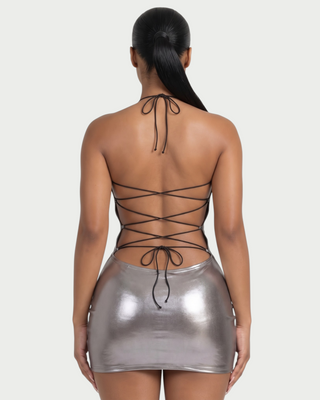 ZAIRE Metallic Halter Neck Lace-Up Back Bodycon Mini Dress
