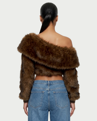 ROUX Faux Fur Off-Shoulder Cropped Jacket