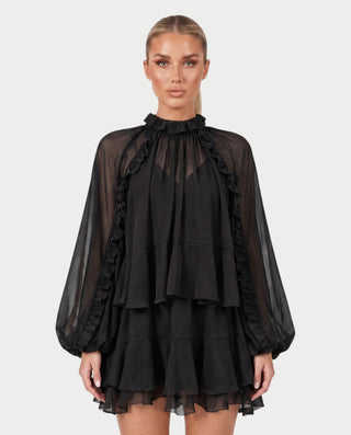 NAVIA Ruffle Mock Neck Long Sleeve Mini Dress
