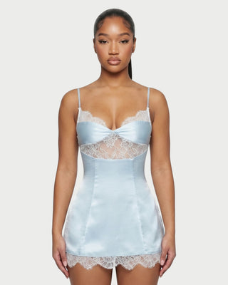 VERLY Lace Trim Satin Tie-Back Mini Dress
