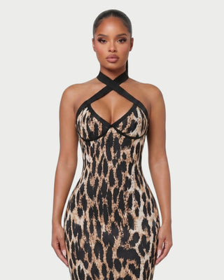 EVONE Leopard Print Bodycon Halter Midi Dress