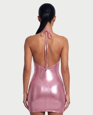 CLARICE Plunging Halter Metallic Mini Dress